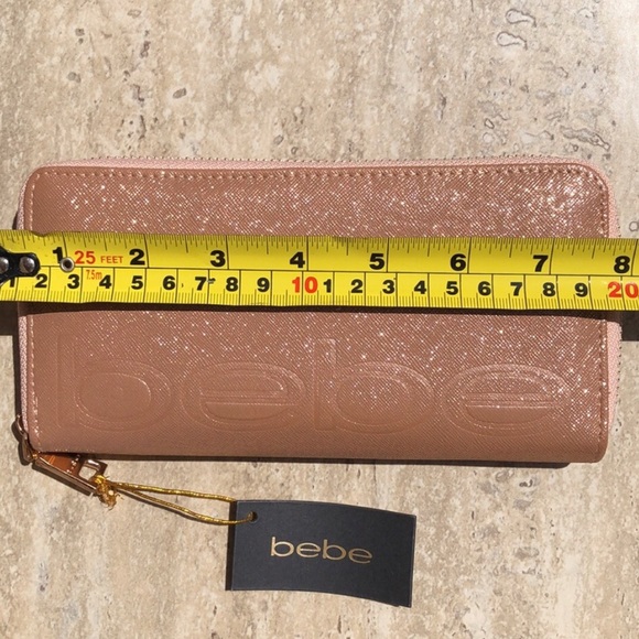 BEBE Rose Gold Sparkle Faux Leather Wristlet / Clutch / Wallet 8"x 4" - Picture 7 of 12